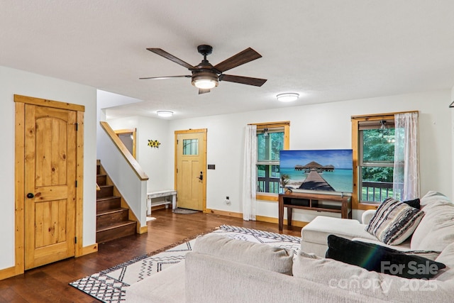 2171 Black Rock Rd, Cherokee, NC 28719 - living room featuring stairway, ceiling fan, healthy amount of natural light, and wood finished floors
