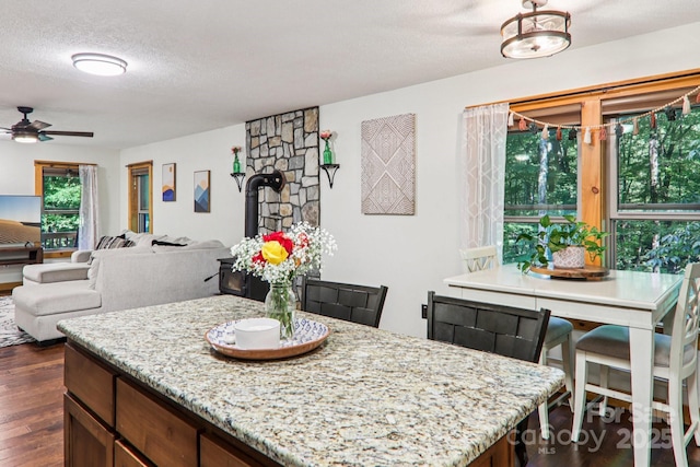 2171 Black Rock Rd, Cherokee, NC 28719 - dining space featuring ceiling fan, dark wood-style flooring, a wood stove, and a textured ceiling