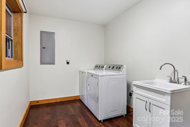 2171 Black Rock Rd, Cherokee, NC 28719 - laundry room featuring electric panel, washer and clothes dryer, dark wood-style flooring, and cabinet space