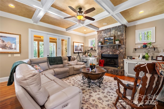 168 Blue Ridge Trl, Mooresville, NC 28117 - living room featuring coffered ceiling, wood finished floors, french doors, ceiling fan, and beam ceiling
