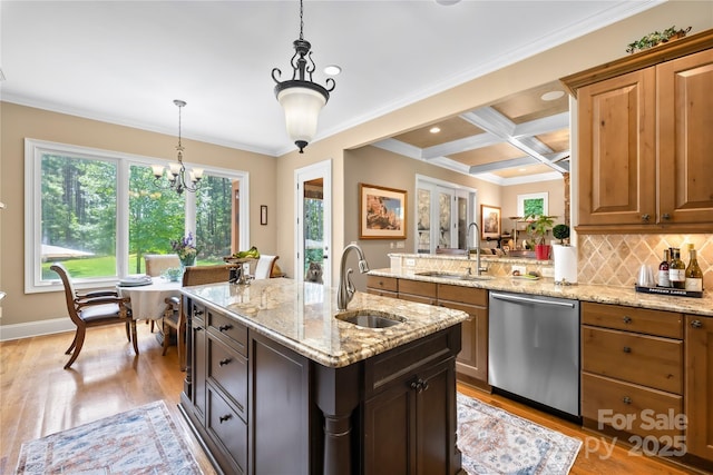 168 Blue Ridge Trl, Mooresville, NC 28117 - kitchen with dishwasher, tasteful backsplash, light wood-type flooring, coffered ceiling, and a chandelier