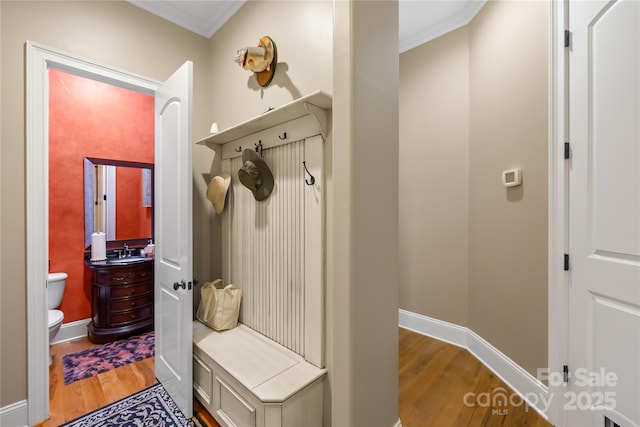 168 Blue Ridge Trl, Mooresville, NC 28117 - mudroom featuring wood finished floors and ornamental molding