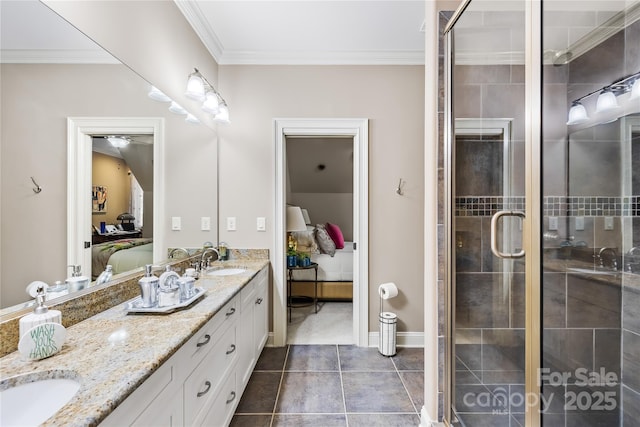168 Blue Ridge Trl, Mooresville, NC 28117 - bathroom with connected bathroom, double vanity, a shower stall, ornamental molding, and tile patterned flooring