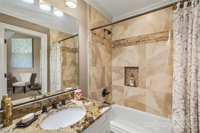 168 Blue Ridge Trl, Mooresville, NC 28117 - full bathroom featuring crown molding, shower / bath combo with shower curtain, and vanity