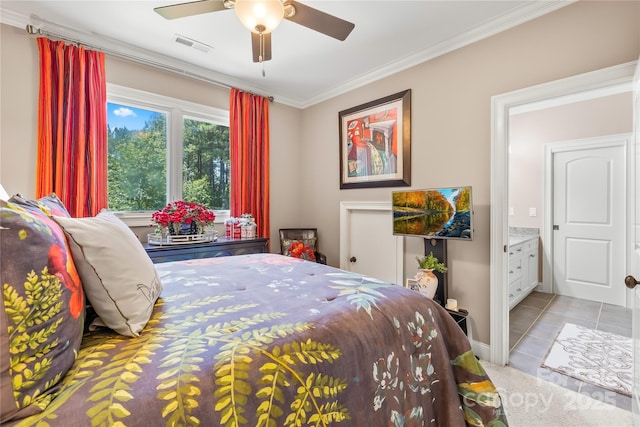 168 Blue Ridge Trl, Mooresville, NC 28117 - bedroom featuring ornamental molding, light tile patterned flooring, a ceiling fan, and connected bathroom