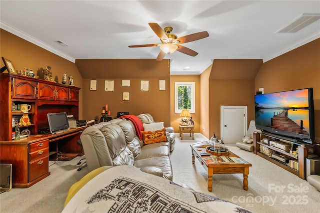 168 Blue Ridge Trl, Mooresville, NC 28117 - living area with ceiling fan, crown molding, light colored carpet, and an office area
