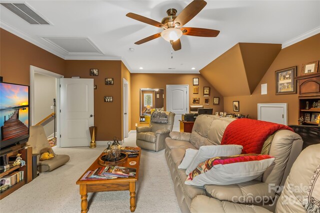 168 Blue Ridge Trl, Mooresville, NC 28117 - carpeted living room with ceiling fan, crown molding, and recessed lighting