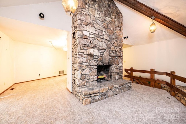 4275 Herman Sipe Rd, Conover, NC 28613 - carpeted living area with beamed ceiling, a fireplace, and high vaulted ceiling