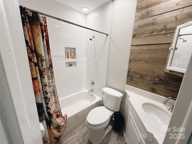 5017 Celeste Ct, Charlotte, NC 27609 - full bathroom with shower / bath combination with curtain, vanity, and wood walls
