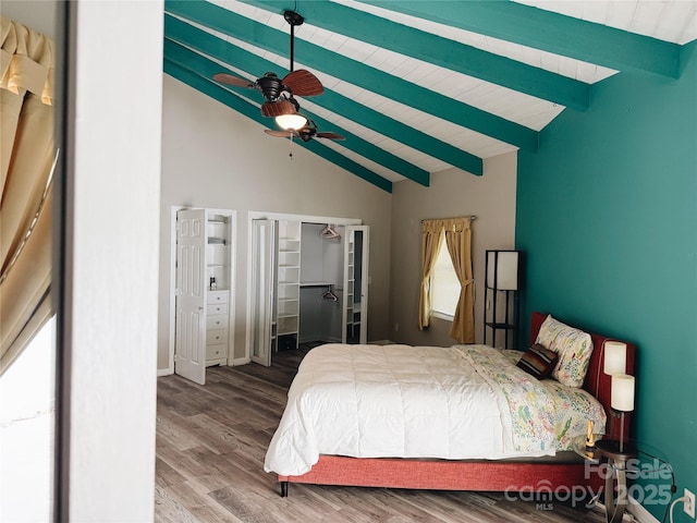 5017 Celeste Ct, Charlotte, NC 27609 - bedroom with beam ceiling, wood finished floors, high vaulted ceiling, and ceiling fan