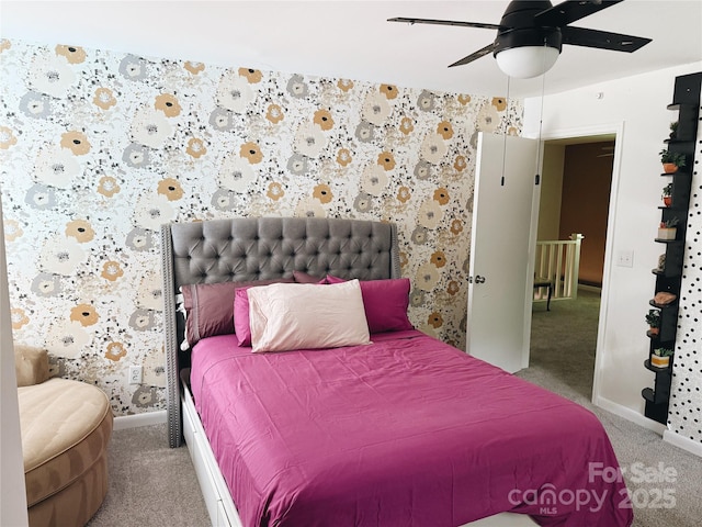 5017 Celeste Ct, Charlotte, NC 27609 - bedroom featuring carpet floors, wallpapered walls, and a ceiling fan