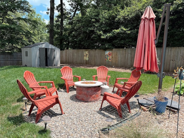 5017 Celeste Ct, Charlotte, NC 27609 - fenced backyard featuring an outdoor fire pit and a storage unit