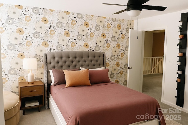 5017 Celeste Ct, Charlotte, NC 27609 - bedroom with light colored carpet, wallpapered walls, and a ceiling fan