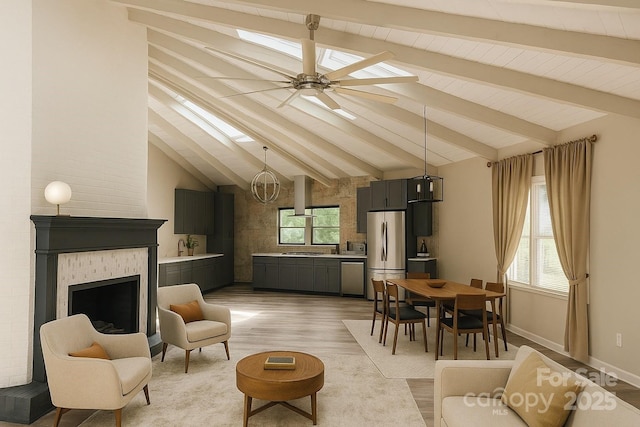 5017 Celeste Ct, Charlotte, NC 27609 - living area featuring light wood-style flooring, a fireplace, ceiling fan, and a skylight