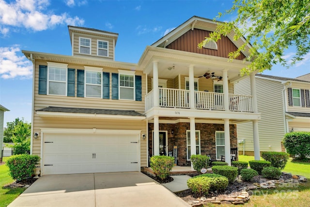 1636 Ridge Haven Rd, Waxhaw, NC 28173 - view of front of property featuring a balcony, a porch, concrete driveway, an attached garage, and board and batten siding