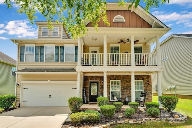 1636 Ridge Haven Rd, Waxhaw, NC 28173 - view of front of home featuring a balcony, covered porch, concrete driveway, a garage, and a ceiling fan