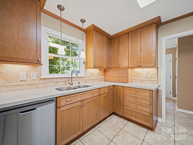 2020 Dawnshire Dr, Gastonia, NC 28054 - kitchen with stainless steel dishwasher, light countertops, crown molding, light tile patterned floors, and hanging light fixtures