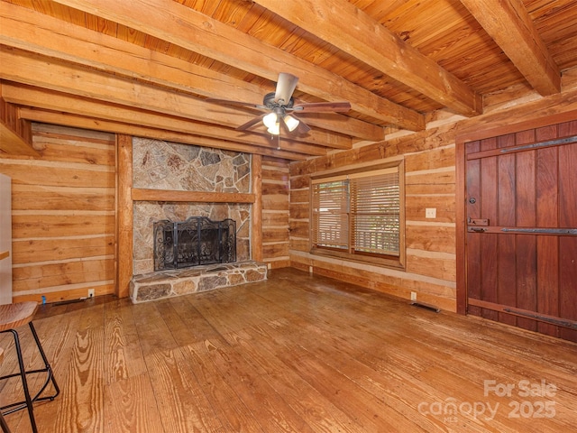 5109 Walnut Grove Ln, Charlotte, NC 28227 - unfurnished living room featuring hardwood / wood-style floors, a wooden ceiling with exposed beams, ceiling fan, wooden walls, and a fireplace