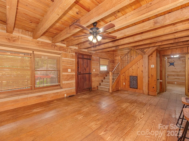 5109 Walnut Grove Ln, Charlotte, NC 28227 - unfurnished living room featuring wood walls, a wooden ceiling with exposed beams, wood-type flooring, stairway, and ceiling fan