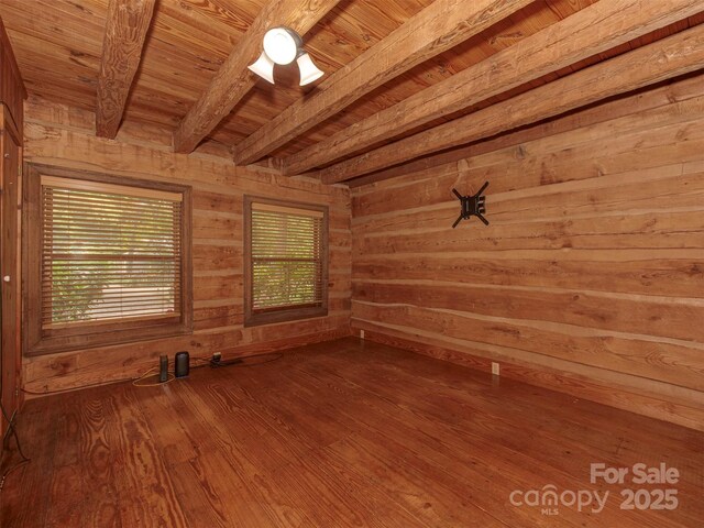 5109 Walnut Grove Ln, Charlotte, NC 28227 - empty room featuring a wooden ceiling with exposed beams, wood walls, and wood finished floors