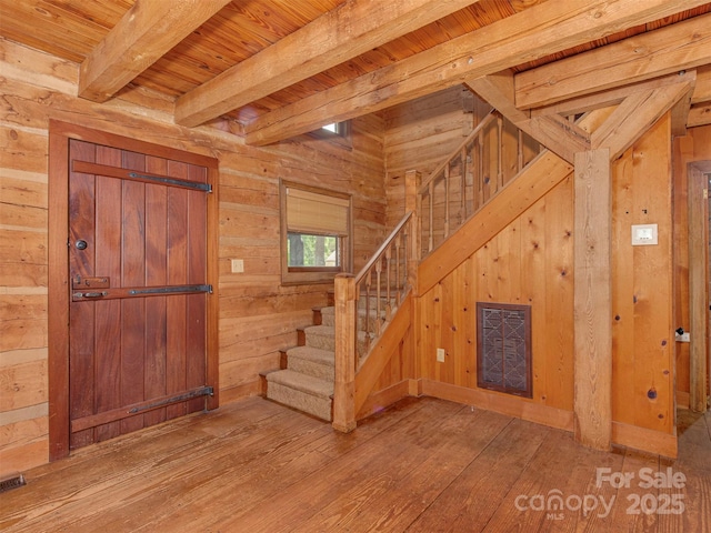 5109 Walnut Grove Ln, Charlotte, NC 28227 - entrance foyer featuring a wooden ceiling with exposed beams, wooden walls, wood-type flooring, and stairway