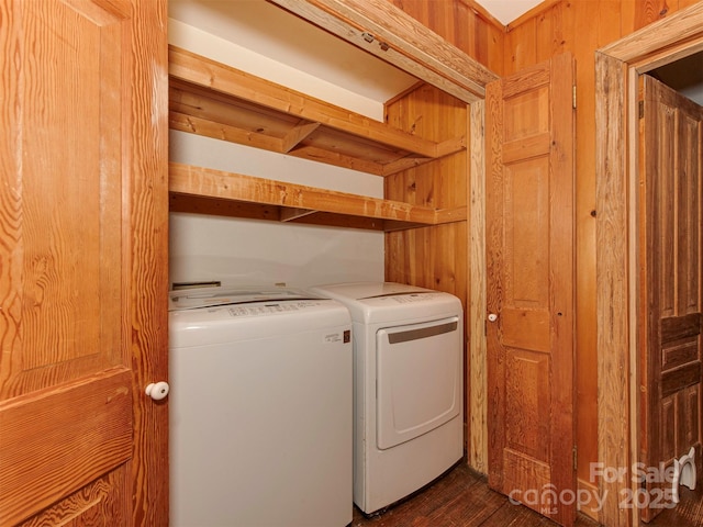 5109 Walnut Grove Ln, Charlotte, NC 28227 - laundry room with washing machine and clothes dryer and dark wood-style flooring
