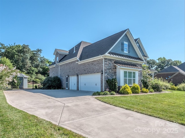 1011 Golden Bell Dr, Waxhaw, NC 28173 - view of side of home featuring a standing seam roof, a metal roof, concrete driveway, a yard, and a shingled roof
