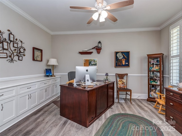 1011 Golden Bell Dr, Waxhaw, NC 28173 - home office featuring ornamental molding, light wood-style floors, and ceiling fan
