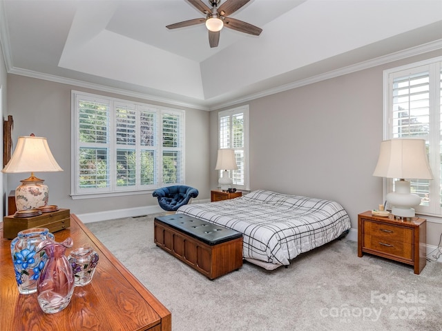1011 Golden Bell Dr, Waxhaw, NC 28173 - bedroom featuring a tray ceiling, carpet, ornamental molding, and a ceiling fan