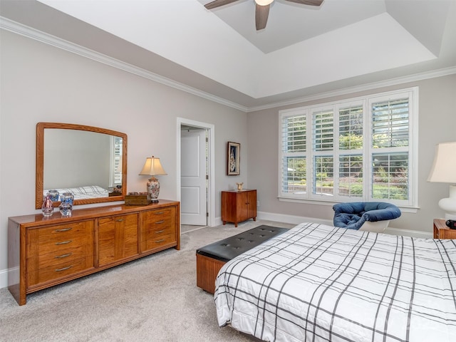 1011 Golden Bell Dr, Waxhaw, NC 28173 - bedroom featuring light colored carpet, crown molding, a raised ceiling, and a ceiling fan