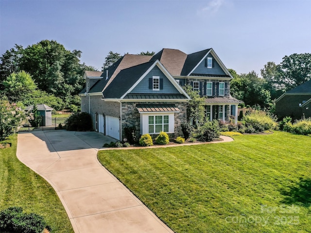 1011 Golden Bell Dr, Waxhaw, NC 28173 - craftsman house with a standing seam roof, a metal roof, driveway, stone siding, and roof with shingles