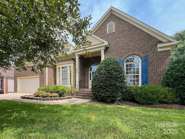 6507 Fairway Point Dr, Charlotte, NC 28269 - view of front facade featuring brick siding, a front yard, an attached garage, and driveway