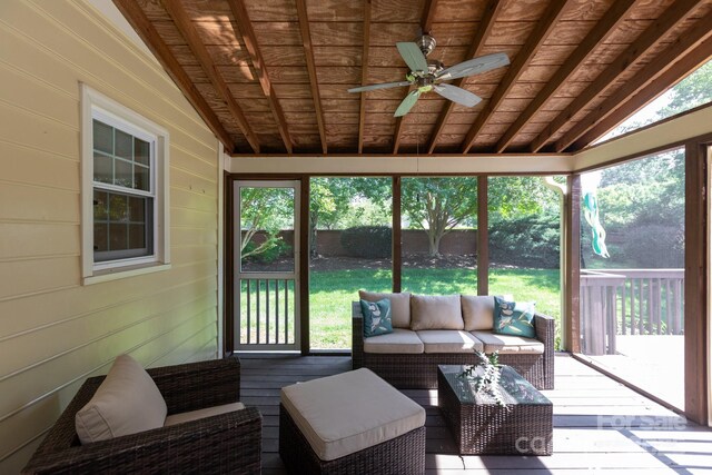 6507 Fairway Point Dr, Charlotte, NC 28269 - sunroom / solarium featuring vaulted ceiling, an outdoor hangout area, and ceiling fan