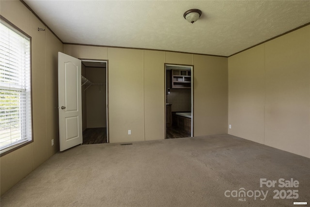 3655 Pinewood Rd, Sumter, SC 29154 - unfurnished bedroom with a decorative wall, a walk in closet, ornamental molding, carpet flooring, and connected bathroom