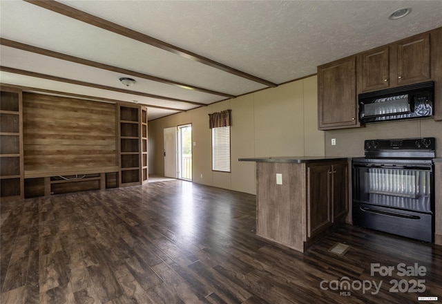 3655 Pinewood Rd, Sumter, SC 29154 - kitchen with black appliances, open floor plan, dark wood-style floors, beam ceiling, and a peninsula