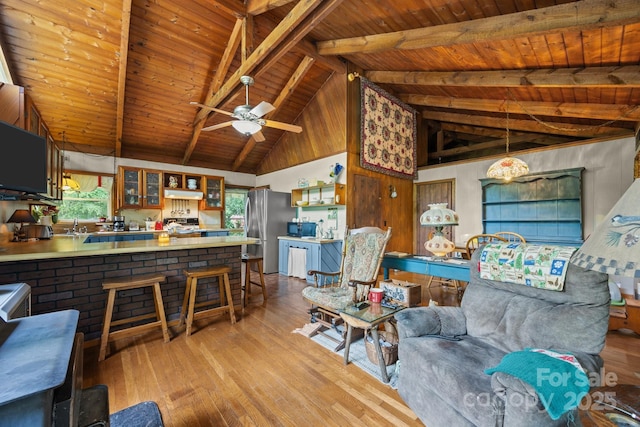 13884 Cruso Rd, Canton, NC 28716 - living room with hardwood / wood-style floors, a wood ceiling with exposed beams, a ceiling fan, and high vaulted ceiling