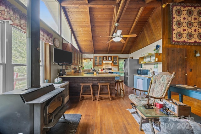 13884 Cruso Rd, Canton, NC 28716 - living room with light wood finished floors, a wood stove, a wooden ceiling with exposed beams, ceiling fan, and high vaulted ceiling