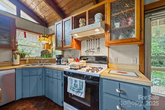 13884 Cruso Rd, Canton, NC 28716 - kitchen with gas range, under cabinet range hood, wood ceiling, dishwashing machine, and blue cabinetry