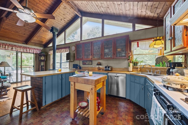 13884 Cruso Rd, Canton, NC 28716 - kitchen featuring stainless steel dishwasher, blue cabinetry, white range, brick patterned floors, and wood ceiling