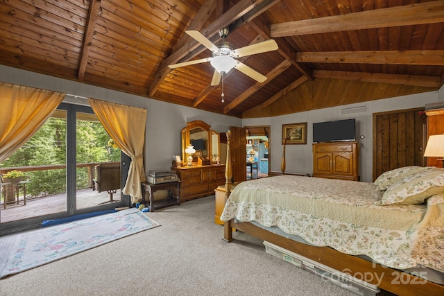 13884 Cruso Rd, Canton, NC 28716 - bedroom with carpet floors, access to exterior, wooden ceiling, ceiling fan, and arched walkways
