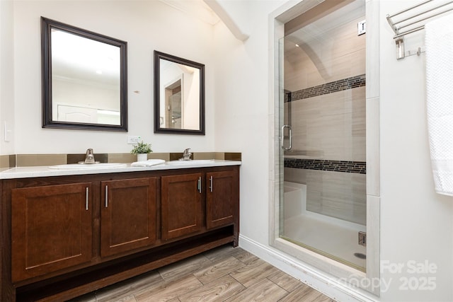 1593 Bloomfield Rd, Rock Hill, SC 29732 - full bath featuring double vanity, a stall shower, and wood finished floors