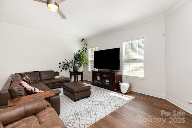 1593 Bloomfield Rd, Rock Hill, SC 29732 - living room with ornamental molding, ceiling fan, and wood finished floors