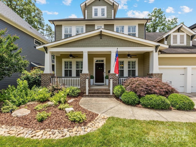 612 Ideal Way, Charlotte, NC 28203 - view of front facade with ceiling fan, covered porch, a garage, and driveway