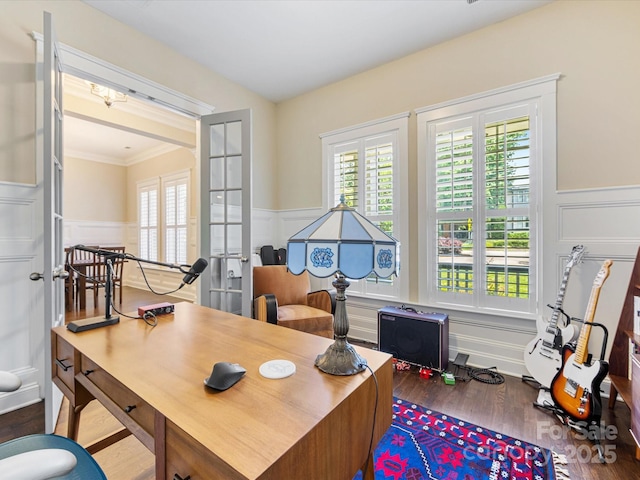 612 Ideal Way, Charlotte, NC 28203 - office area featuring a decorative wall, wood finished floors, plenty of natural light, wainscoting, and ornamental molding