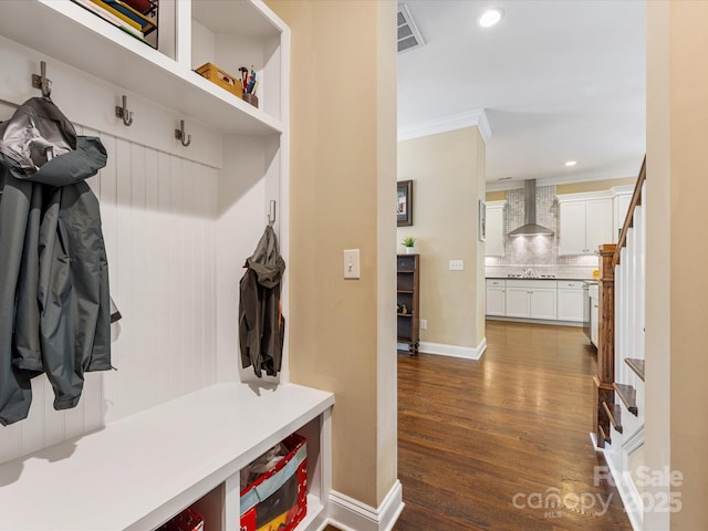 612 Ideal Way, Charlotte, NC 28203 - mudroom featuring dark wood-style flooring, recessed lighting, and ornamental molding