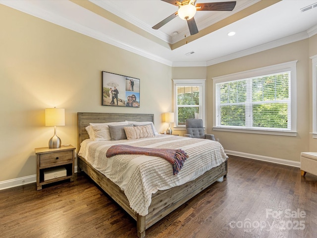 612 Ideal Way, Charlotte, NC 28203 - bedroom with crown molding, wood finished floors, a raised ceiling, a ceiling fan, and recessed lighting