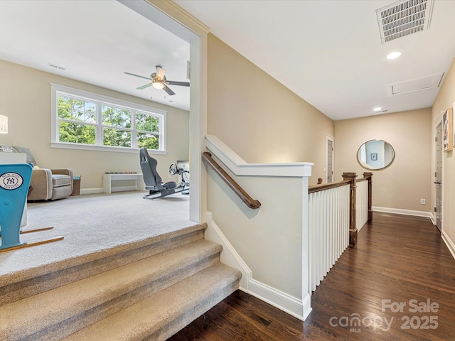 612 Ideal Way, Charlotte, NC 28203 - staircase featuring wood finished floors, ceiling fan, attic access, and recessed lighting