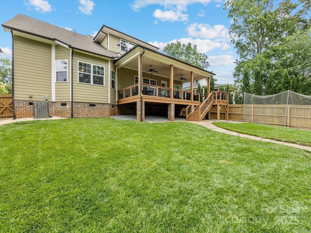 612 Ideal Way, Charlotte, NC 28203 - back of house with ceiling fan, crawl space, a fenced backyard, and a wooden deck