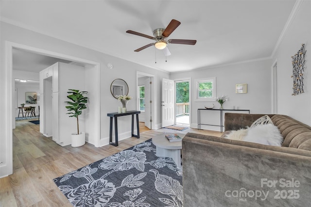 2222 19th Ave NE, Hickory, NC 28601 - living room with a ceiling fan, light wood finished floors, and crown molding