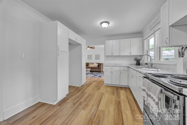 2222 19th Ave NE, Hickory, NC 28601 - kitchen with range with electric cooktop, light wood-style flooring, white cabinets, and a ceiling fan